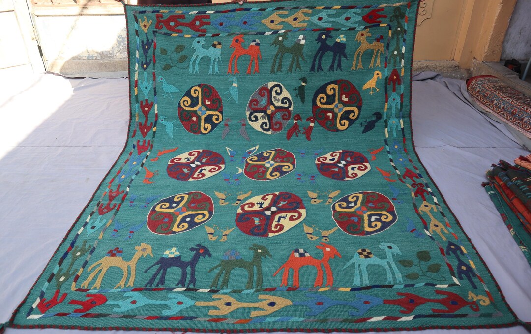 6x7 Ft Blue Suzani Rug, Pictorial Rug, Handmade Flatweave Rug, Afghan ...