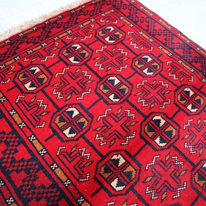 Vintage Turkmen Bokhara Rug, 3x5 ft Afghan Hand knotted Wool Area Rug, Red Tribal Rug, Baluchi Rug, Antique Oriental Rug, Living Room Carpet