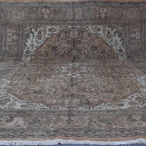 10x13 Large 1930s Antique Rug, 10x13 Heriz Geometric Handmade Wool Rug, Low Pile Distressed Faded Rug, Terracotta Brown Rug, Living Room Rug