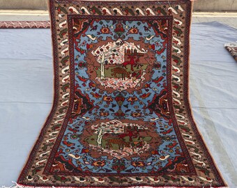 3x4 Birds Pictorial Rug - Blue Green Brown Afghan Hand Knotted veg dyes Wool Area Rug - One of a kind Art Rug - Gabbeh Baluchi Boho Carpet