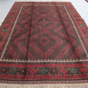 Afghan Antique Rug 6&#39;4x9&#39;2 ft Vintage Geometric Handmade Baluchi High Pile Soft Wool Area Rug, Turkmen Tribal Rug, Oriental faded Red Carpet