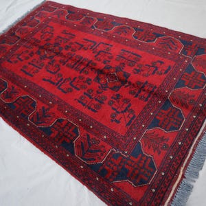 3x5 Red Vintage Afghan Rug - Handmade Wool Tribal Rug - Turkmen Bukhara design Oriental Khal Mohammedi Rug - Office, Kitchen, Bedroom Rug