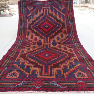 3&#39;2x6&#39;5 ft Afghan Vintage Rug, Antique Geometric Baluchi Orange Red Rug, Handmade wool Oriental Rug, Turkmen Tribal Rug, Bedroom Kitchen Rug