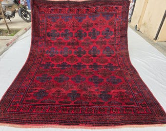 Tappeto vintage 7'4x9'5 piedi, annodato a mano, tappeto tribale antico, tappeto orientale in lana, tappeto floreale rosso intenso, tappeto tradizionale afghano, tappeto per camera da letto