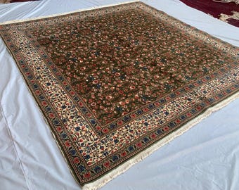 7 x 7 ft groen vierkant tapijt, handgeknoopt zacht wollen tapijt, Kaukasisch bloementapijt, vintage oosters tapijt, woonkamertapijt, eettafel, vloerkleed slaapkamer