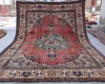7x10 Antique Rug, 1920s Terracotta Area Rug, No Pile Faded Handmade Wool Rug, Caucasian Heriz Rug, Afghan Tribal Medallion Rug, Bedroom Rug