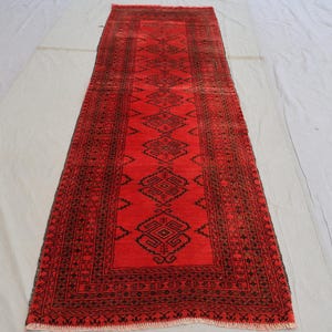 9 ft Long Runner Rug, Red Vintage Runner Rug, Geometric Afghan Bukhara Rug, Handmade Wool Rug, Oriental Turkmen Rug, Hallway, Kitchen Runner