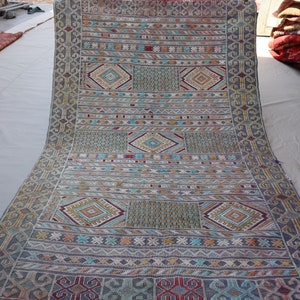 4x6 Antique Afghan Kilim Area Rug, Authentic Flat weave Soumak Rug, Geometric Striped design Oriental Rug, Turkmen Tribal Muted Vintage Rug
