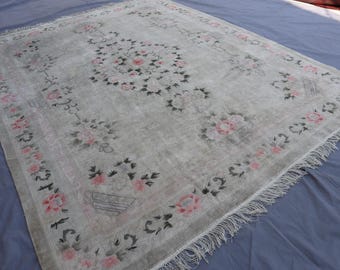 Tappeto Art Déco fatto a mano da 8 x 10 piedi, tappeto in seta 100% annodato a mano con pelo morbido, tappeto vintage cinese floreale, tappeto orientale antico, tappeto da soggiorno