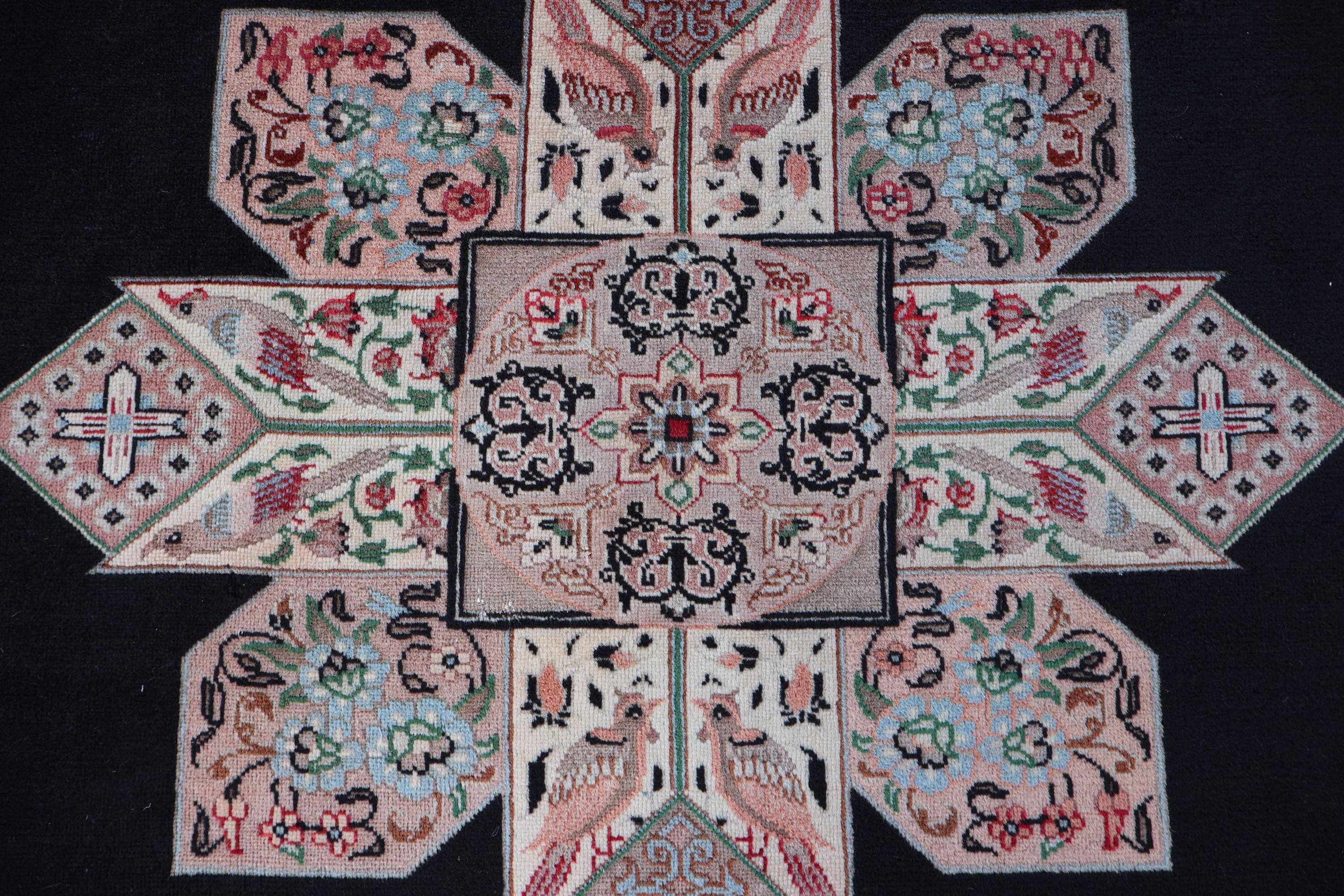 5x5 ヴィンテージ スクエアラグ ブラック 絵画的 トルコ風 メダリオン