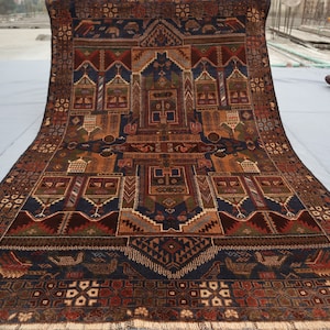 4&#39;3x6&#39;8 ft One of a kind Vintage Pictorial Rug, Afghan Handmade veg dyes Wool Area Rug, Soft Pile 1960s Antique Baluchi Rug, Kids Room Rug