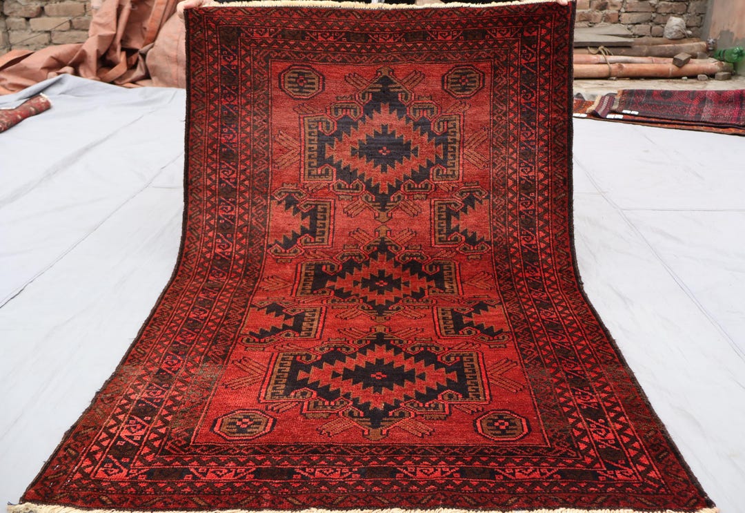 3x4'6 Ft Small Red Antique Area Rug, Afghan Handmade Wool Carpet ...