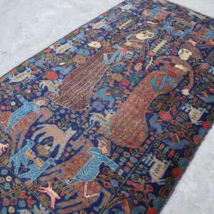 4x7 Vintage Pictorial Rug, Afghan Handmade Wool Area Rug, Animal Birds Hunting Scene One of a Kind Rug, Turkmen Tribal Oriental Baluchi Rug