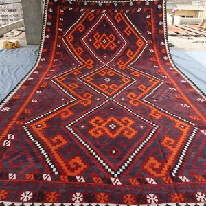9x16 Afghan Kilim Area Rug, Vintage Handmade Wool Large Rug, 1970s Antique Faded Turkmen Flatweave Rug, Boho Geometric Rug - Living Room Rug