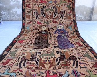 4'3x6'8 フィートのヴィンテージ 絵画アールデコ ラグ、アフガニスタン