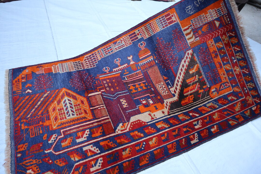 Vintage Pictorial Rug, 3x5 Ft Collector's PIECE Rug, Afghan Handmade ...