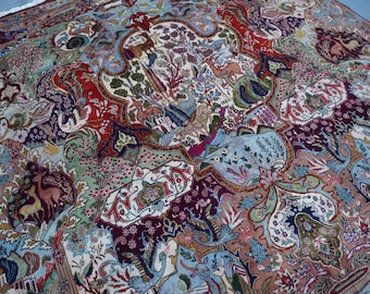 10x13 ft Vintage Animal Hunting Rug Afghan Handmade veg dyes Wool Area rug, Bird floral Pictorial rug, Antique Oriental rug, Living Room Rug
