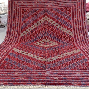 Vintage Handmade Rug 7x9 Afghan Rug, Oriental Mashwani Rug, Navy Blue Red Geometric Rug, Bedroom Rug, Living Room Carpet, Antique Area Rug