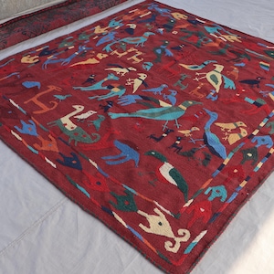 5&#39;5x5&#39;9 ft Red Suzani Flatweave Rug Birds Pictorial Handmade Rug, Afghan Tribal Kilim Rug, Oriental Vintage Rug, Kids Room, Wall Hanging Rug