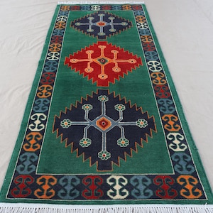 3&#39;3x8 ft Green Runner rug, Afghan Hand Knotted veg dyes Wool Oriental Rug, Geometric Rug, Turkmen Tribal Caucasian Rug, Short Hallway Runner