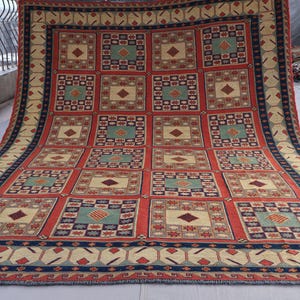 6&#39;6x8 ft One of a kind Soumak Rug, Geometric Vintage Rug, Afghan Handmade Kilim Wool Rug, Flatweave Navy Blue Terracotta Rug, Oriental Rug
