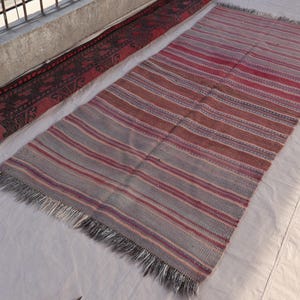 3x7 ft Antique Runner Rug, Striped Kilim Rug, Striped Red Gray Distressed Rug, Flatweave Handmade Wool Afghan Soumak Rug, Hallway Runner Rug