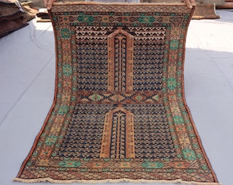 【ロシア製】ヴィンテージラグ(約194×281cm)ウズベキスタン蚤の市で購入 アフガニスタンの小さなラグ 3x4 アンティークテラコッタラグ、風合い