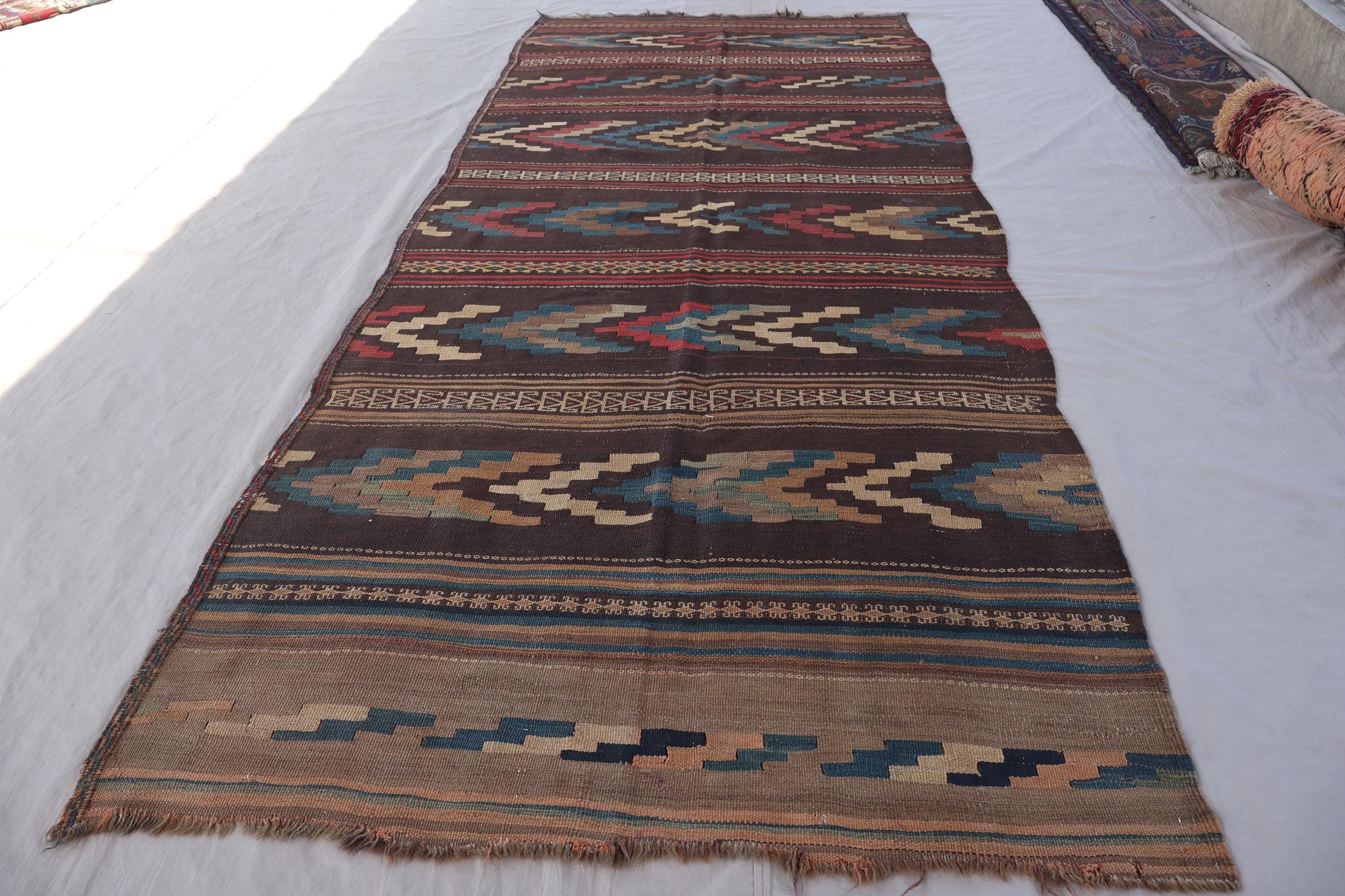 4x11 ブラウンアンティークキリムランナーラグ、アフガニスタンの本物