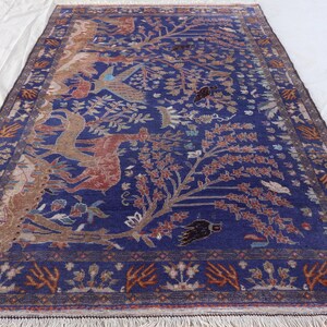 4x7 ft Vintage Animal Pictorial Area Rug, Afghan Handmade Wool Tribal Baluchi Rug, Brown Navy Blue Red Antique Oriental Art Rug, Bedroom Rug