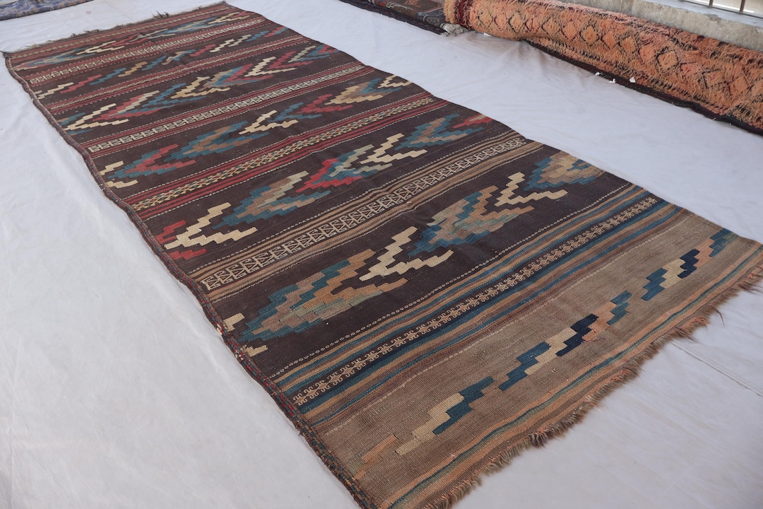 4x11 ブラウンアンティークキリムランナーラグ、アフガニスタンの本物