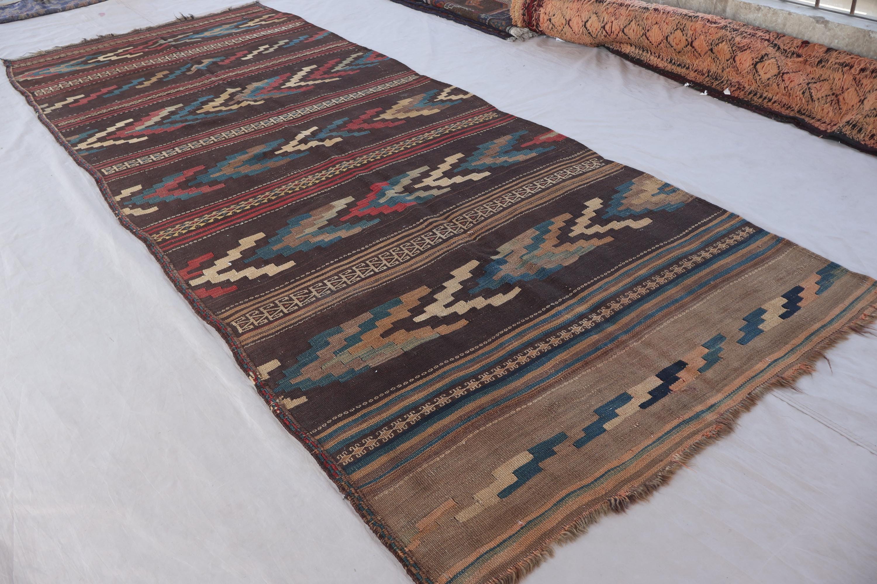 4x11 ブラウンアンティークキリムランナーラグ、アフガニスタンの本物