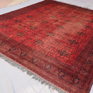 10x13 Large Vintage Bukhara Rug, Turkmen Handmade Low pile Wool Distressed Red Rug, Oriental Rug, Afghan Khal Muhammadi Rug, Living Room Rug