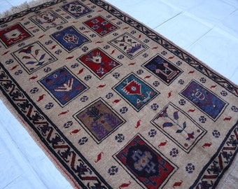 Beige Vintage Rug, 3x5 ft Afghan Handmade Wool Area Rug, Turkmen Tribal Rug, Antique Baluchi Rug, Oriental Bukhara Rug, Kitchen, Bedroom Rug
