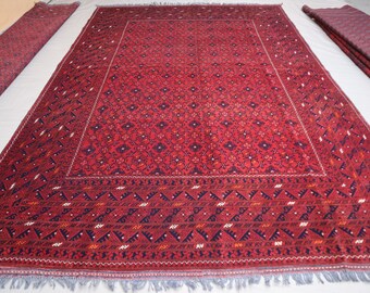7 x 10 vintage Turkmeens bashiri stamtapijt - Afghaans handgemaakt vegetarisch kleurstoffen wollen vloerkleed, groot oosters rood tapijt - vloerkleed voor woonkamer - vloerkleed slaapkamer