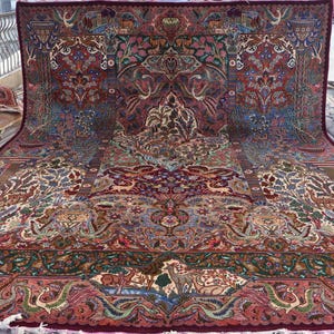 Verzamelaarsstuk 10 x 13 vintage picturaal tapijt, handgemaakt wollen tapijt, groot tribal tapijt, Afghaans uniek tapijt, bloemen vogels dieren jachtdeken