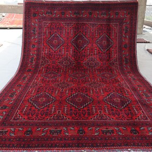 7x10 Red Afghan Rug, Geometric Tribal Rug, Turkmen Handmade Organic dyes Soft Wool Rug, Large Oriental Rug, Living Room Rug, Bedroom Carpet