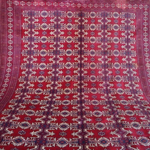 Collectors Piece Antique Rug, 7&#39;3x9&#39;2 ft Afghan Hand Knotted Wool Area Rug, Vintage Turkmen Bukhara Rug, Tribal Ersari Rug, Bedroom Carpet