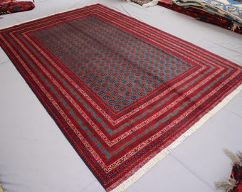 6'7x9'8 ft Handmade Blue Rug, Afghan Ersari Tribal Rug, Veg dyes Wool Area Rug, High Pile Soft Carpet, Oriental Turkmen Rug, Living Room Rug