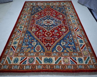 7x10 Afghan Medallion Rug, Serapi Heriz Vintage Pattern Rug, Handmade Wool Rug, Natural dyes Gray Red Blue, Oriental Rug, Living Room Rug