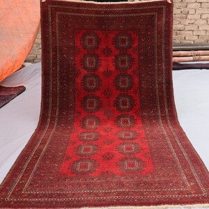 1940s Antique Rug 3&#39;6x6&#39;3 ft Turkmen Tribal Faded Low Pile Rug, Sarouki design Bukhara Rug, Handmade Wool Rug, Afghan Vintage Oriental Rug