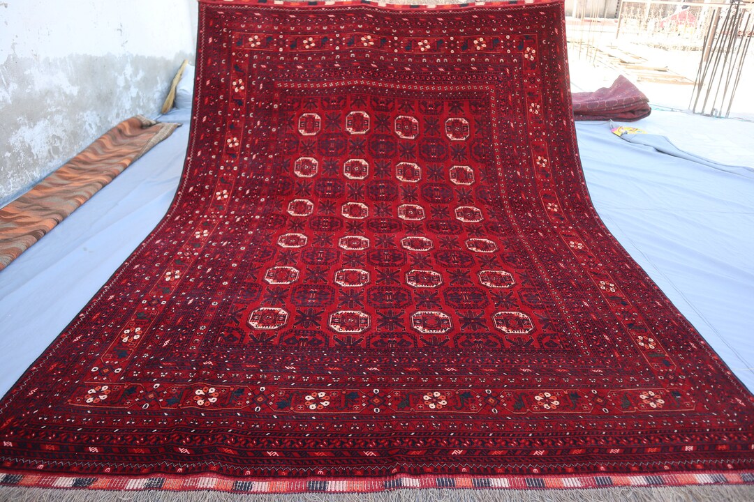 Waziri Rug 7x9 Ft Antique Turkmen Waziri Bukhara Rug, Red Afghan Handmade Low Pile ...
