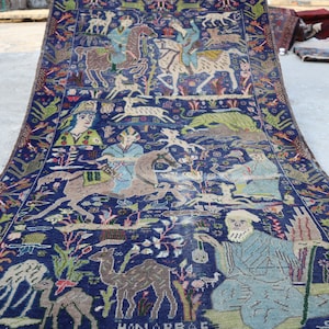 1940s Antique Pictorial rug, 4x6 ft Afghan Handmade Wool rug, Low Pile Distressed Faded Rug, Hunting Pictorial rug, Navy Blue Kids Room rug