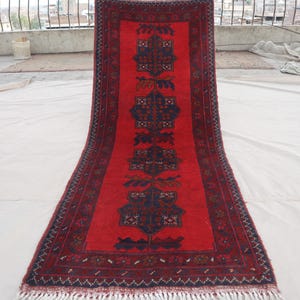 2x5 Runner Rug - 1&#39;10x4&#39;10 ft Red Vintage Afghan Bukhara rug - Handmade Wool Turkmen Runner Rug - Oriental Rug - Kitchen Rug, Hallway runner