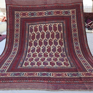 Antique Soumak Rug 6&#39;7x8&#39;8 Muted Neutral Beige Afghan Handmade Kilim Wool rug, Oriental Rug, Turkmen flatweave Boho Rug, Bedroom, Office Rug