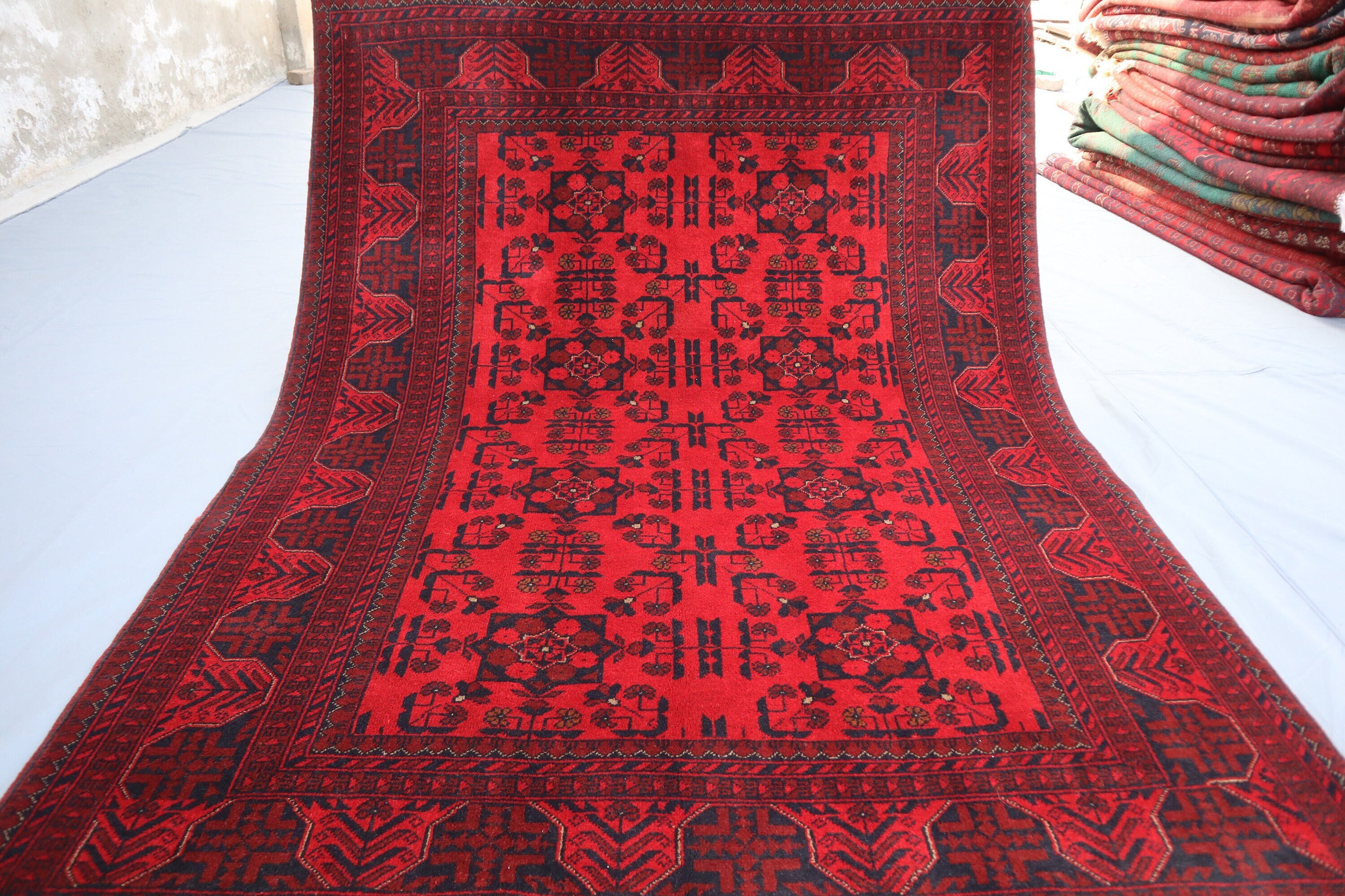 アフガントライバルラグKhal Mohammadi手織り絨毯 292×79cm 5x7 レッド アフガン ラグ - Khal Mohammadi ハンドノット ハイパイル