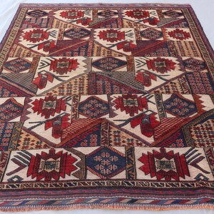 5x6 Floral Afghan Vintage Rug, Handmade Wool Rug, Antique Oriental Area Rug, Beige Red Blue, Tribal Boho Rug, Bedroom Rug, Living Room Rug