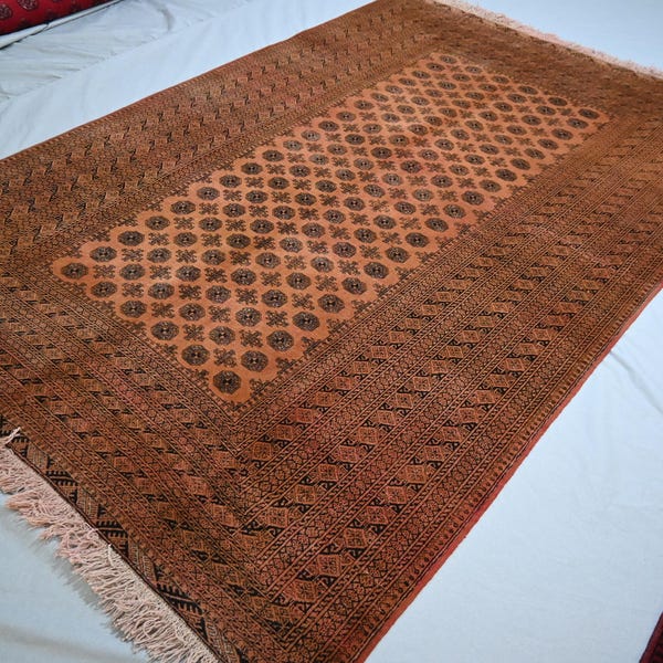 1920s Antique 6'6x9'6 ft Low Pile Faded Distressed Rug, Terracotta Rug, Afghan Handmade Wool Bukhara Area Rug, Oriental Rug, Living Room Rug