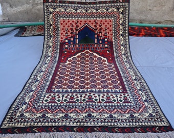 3x5 Beige Afghan Handmade Tribal Vintage Prayer Rug, Wool Oriental Rug, Turkmen Muslim Prayer Rug, Home decor Wall Hanging, Bedroom Area Rug