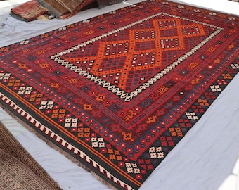1960s Antique Rug 8x13 ft Afghan Handmade Kilim Wool Area Rug Flatweave Red Boho Rug, Distressed Vintage Faded Rug, Living Room, Bedroom Rug