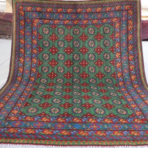 Green Bokhara Rug, 5x7 ft Afghan Hand Knotted Veg dyes Wool Area Rug, Oriental Turkmen Rug, Tribal Bukhara Rug, Bedroom, Living Room Carpet